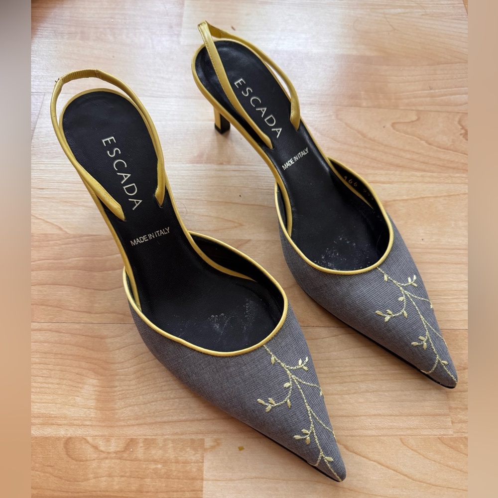 Escada Gray & Yellow Floral Heels
